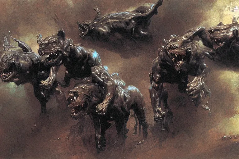 Image similar to hyperdetailed matte art of cerberus by ilya repin, amano, salvador dali, craig mullins