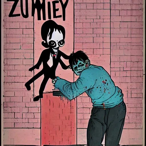 Image similar to glossy old advertising poster of a man turning into a zombie, busy street corner, horror, drawn comic by junji ito, pastels, gradient,