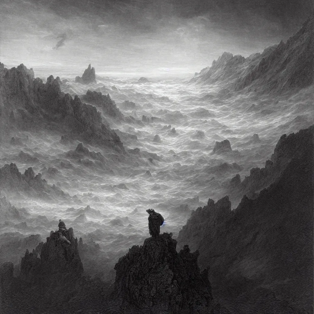 Prompt: an engraving of wanderer above the sea of fog by gustave dore, caspar david friedrich, highly detailed, lithograph engraving