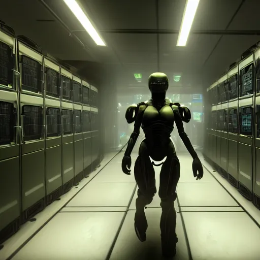 Prompt: anthropomorphic cyborg working in sci - fi server room. cinematic shot from alien isolation
