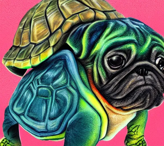 Image similar to a cute little turtle riding on the back of a pug, digital art, colourful