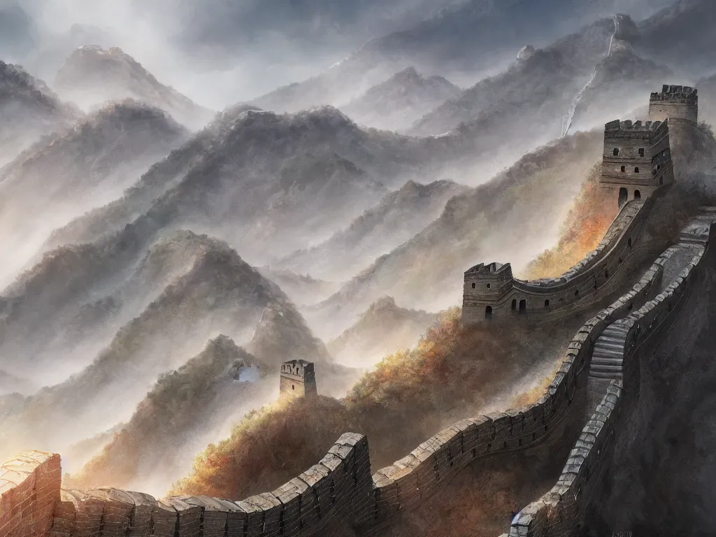 Image similar to advanced high technology version of the great wall of china with robot guards, digital painting, trending on artstation, deviantart, 8k, epic composition, intrinsic details, perfect coherence