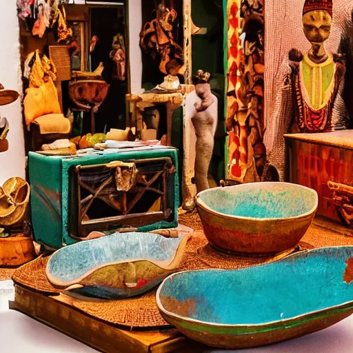 Image similar to An offset photography of an object on display, three colors, (anthropology of wonder), ((exotic artifacts)), bauhause, (tropicalism), (colonial expedition), exhibition, 60s style