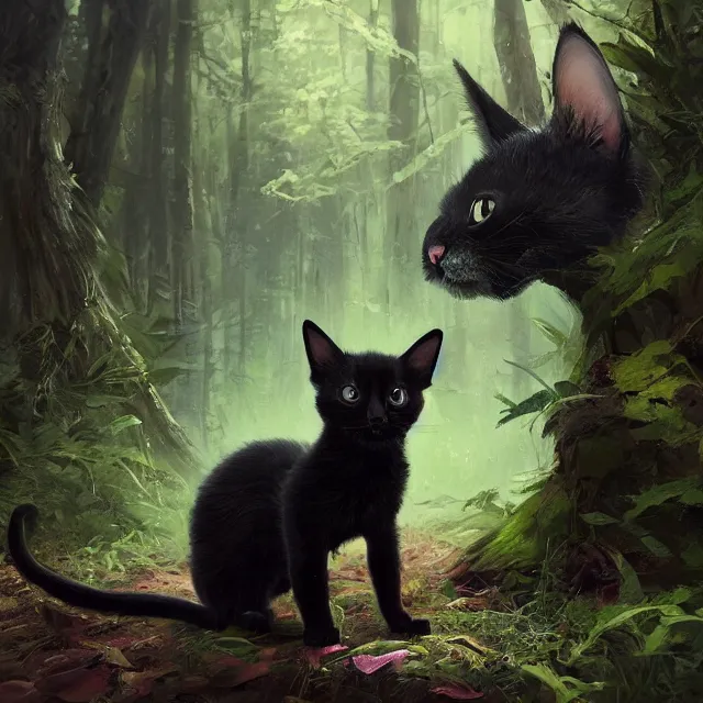 Image similar to a beautiful painting of a cute black kitten in a forest. big eyes. pixar character design by cory loftis, fenghua zhong, ryohei hase, ismail inceoglu and ruan jia. artstation, volumetric light, detailed, photorealistic, rendered in octane