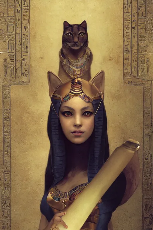 Prompt: portrait of the beautiful egyptian goddess, bastet, bast, woman / cat hybrid, soft torchlight in an egyptian tomb, digital art by ruan jia and mandy jurgens and artgerm and william - adolphe bouguereau, highly detailed, trending on artstation, award winning,