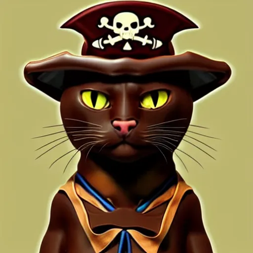 Prompt: chocolate burmese cat in pirate clothes, grumpy, artstation, fantasy