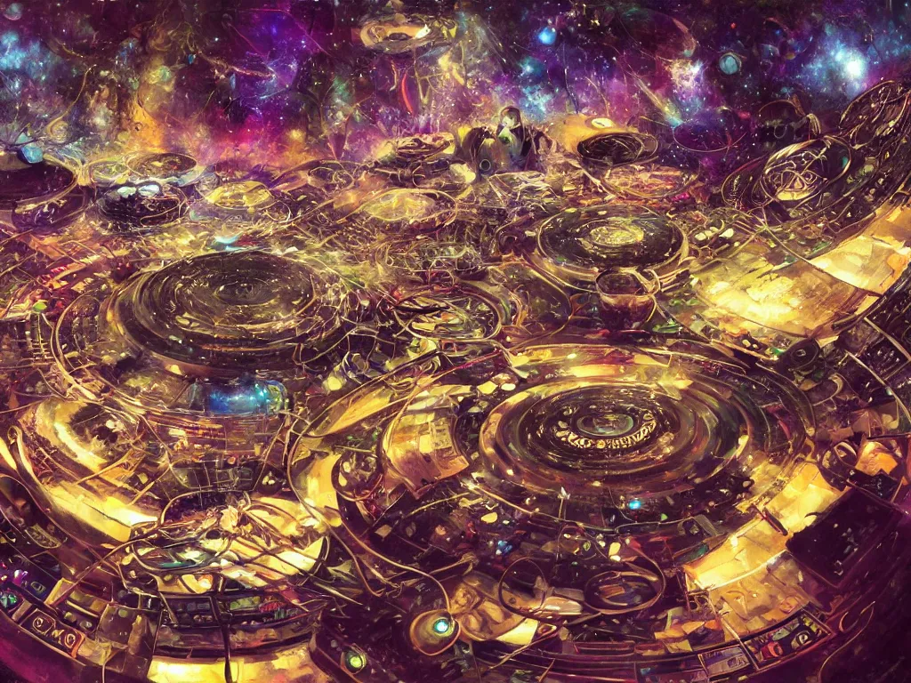 Image similar to an incredible masterpiece of a mystical dj playing a vast array of highly evolved and complex musical technology surrounded by an incredible and complex circular structure in the cosmos, by craig mullins