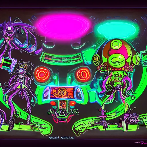Image similar to official character sheets for a new vampire squid casual mech suit, art by tim schafer black velvetopia art for psychonauts from double fine studios, black light rave, bright neon colors, spray paint, punk, tall thin build, adult character, fully clothed, colorful