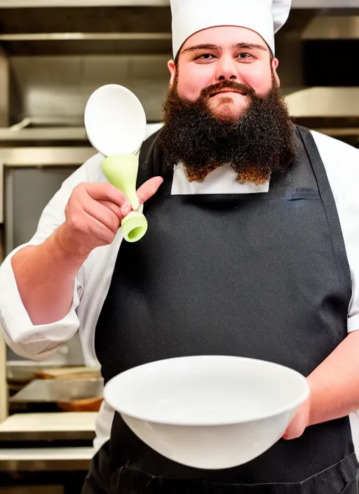 Image similar to portrait photo still of real life school chef jerome mcelroy fat bearded with chef hat in school cafeteria holding a ladel, 8 k, 8 5 mm, f. 1 4