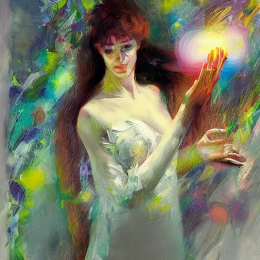 Image similar to A conceptual art. A rip in spacetime. Did this device in her hand open a portal to another dimension or reality?! misty rose by Leon Kossoff, by Anders Zorn, by Android Jones lush