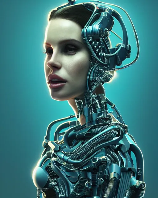 Prompt: portrait of Lana Del Rey as a cyborg. intricate abstract. intricate artwork. by Tooth Wu, wlop, beeple, dan mumford. dune by david lynch, ex machina, octane render, trending on artstation, greg rutkowski very coherent symmetrical artwork. cinematic, hyper realism, high detail, octane render, 8k, iridescent accents