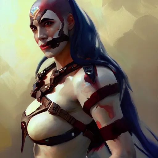 Image similar to greg manchess portrait painting of a female punisher kratos as overwatch character, medium shot, asymmetrical, profile picture, organic painting, sunny day, matte painting, bold shapes, hard edges, street art, trending on artstation, by huang guangjian and gil elvgren and sachin teng