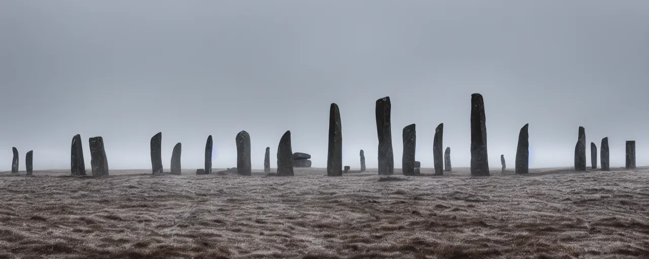 Prompt: wind turbines stand dormant among the neolithic standing stones of stenness, haunting, fog, grainy, snowing, atmospheric clouds, 4k, silhouette figures, windfar