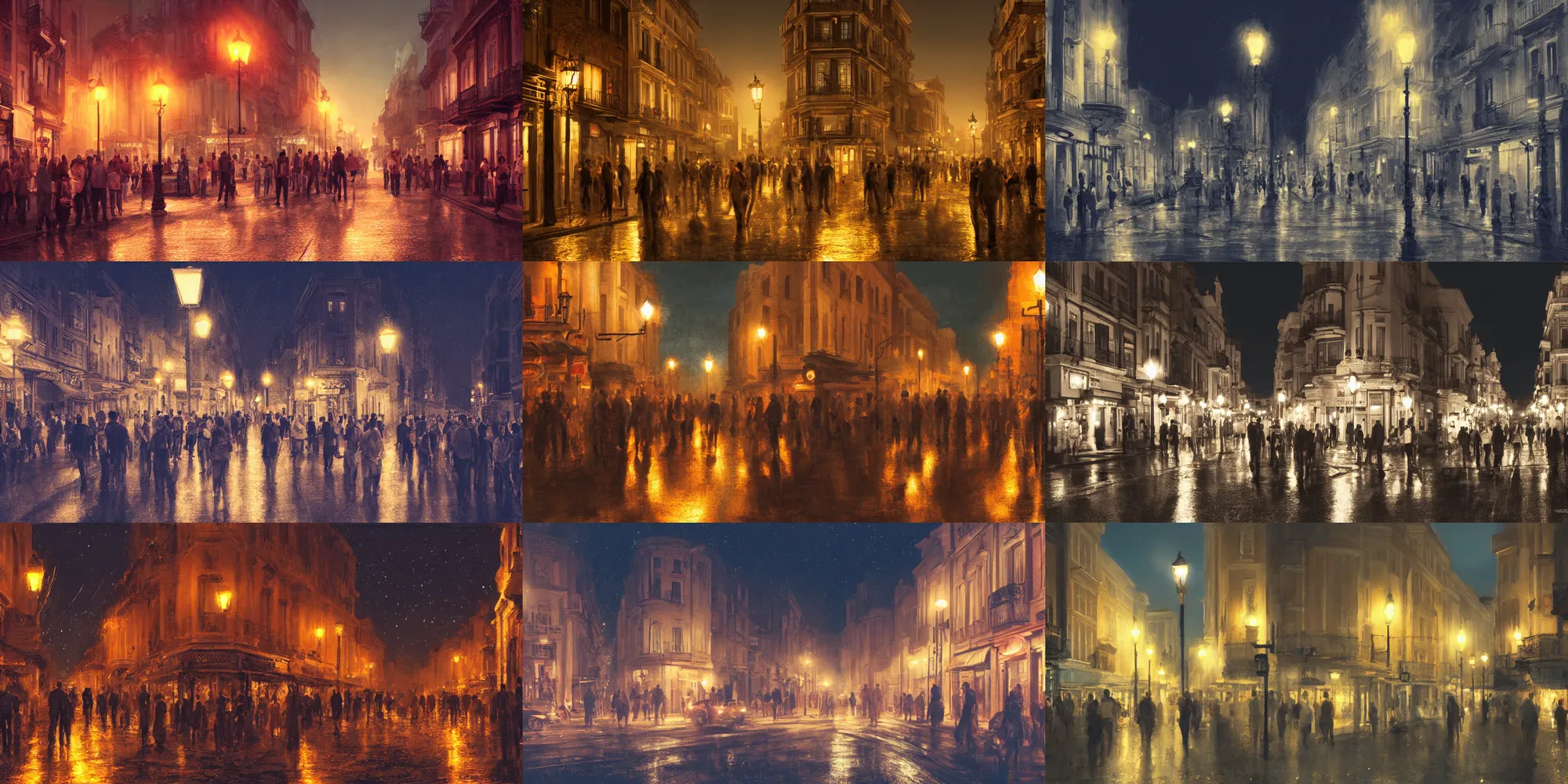 Prompt: seville street at night, crowded, street lights everywhere, 8K, trending on artstation, golden ratio, rule of thirds, low key, establishing shot, extremely high detail, concept art