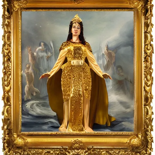 Image similar to the young sovereign of mars in the prime of her reign and the height of her power, looking to the side with fierce but kind eyes, dressed in white and gold robes and a golden laurel crown, inspired by roman emperors, abstract oil painting