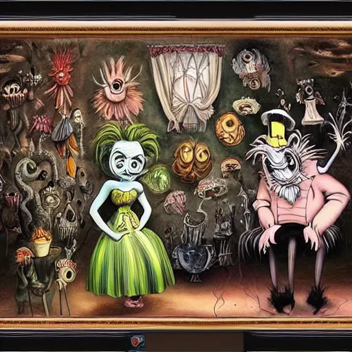 Image similar to tim burton and dr seuss dark surrealism painting., detailed, elegant, intricate, 4 k, renaissance painting