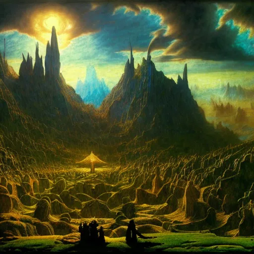 Image similar to a beautiful and highly detailed matte painting of the lost elven land of avalon, celtic, psychedelic, epic scale, insanely complex, hyperdetailed, sharp focus, hyperrealism, artstation, cgsociety, 8 k, bright colors, by caspar friedrich, albert bierstadt, james gurney, brian froud,