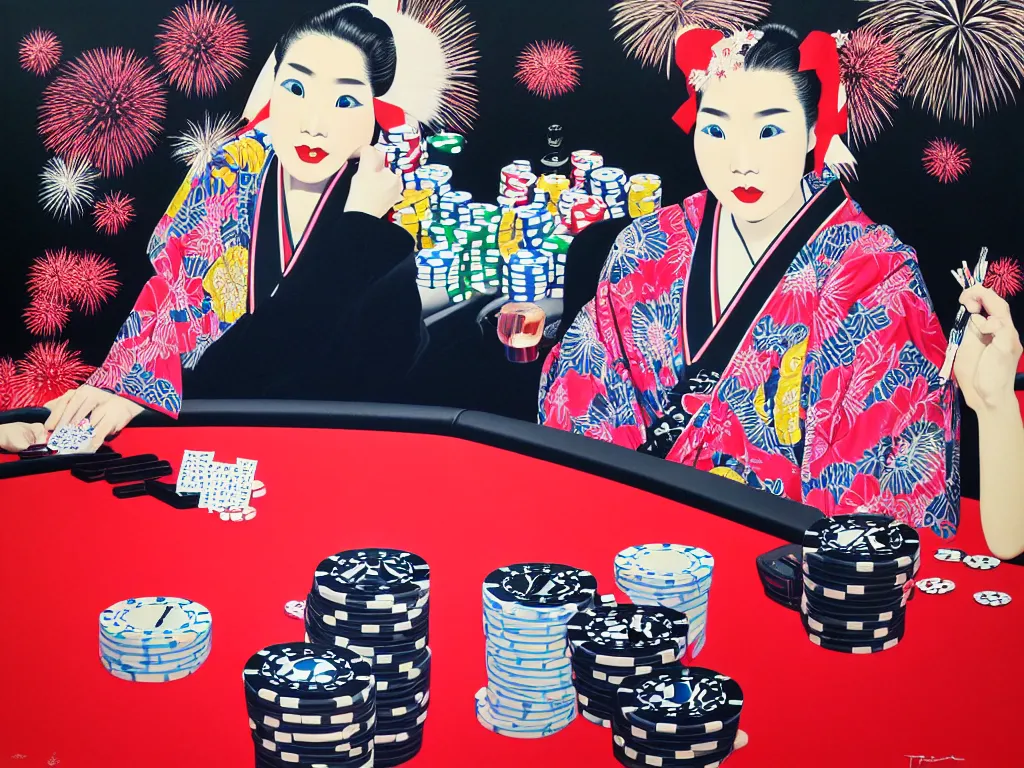 Prompt: hyperrealistic composition of the detailed single woman in a japanese kimono sitting at a extremely detailed poker table with hyperdetailed darth vader, fireworks, mountain fuji on the background, pop - art style, jacky tsai style, andy warhol style, acrylic on canvas