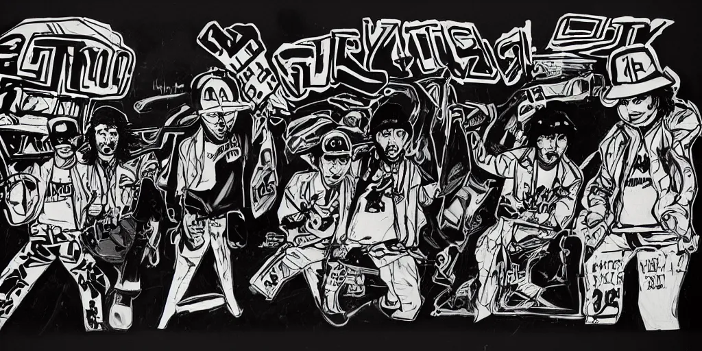 Prompt: gritty early 8 0 s graffiti surrounded by black and on a black background, concept art, trending on artstation, beastie boys