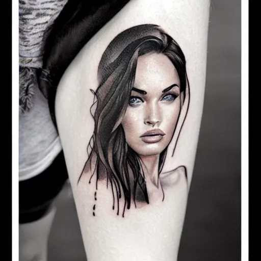 Image similar to realism tattoo sketch of double exposure megan fox against a background of beautiful mountain scenery, in the style of andrey lukovnikov