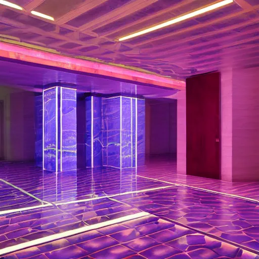 Image similar to dreampool rooms, neon ceramic tiles, purple sunlight coming through columns of neon marble