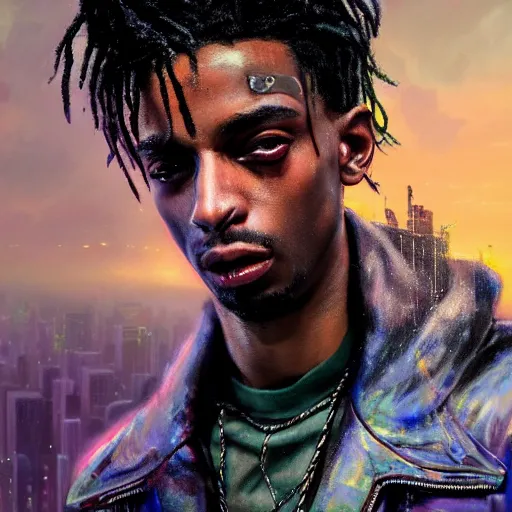 Image similar to cyberpunk, closeup portrait of a playboi carti, dramatic light, city background, sunset, dystopian setting, high contrast, sharp, neuromancer, henry dorsett case, painted by stanley lau, painted by greg rutkowski, painted by stanley artgerm, digital art, trending on artstation