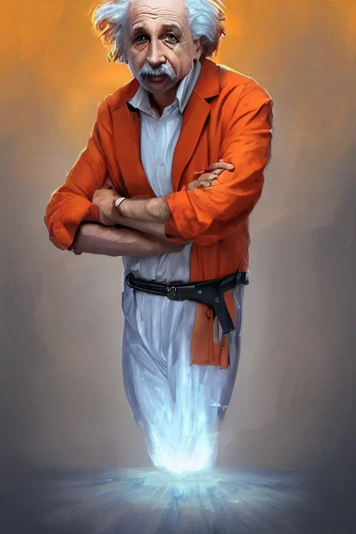 Image similar to Einstein as a prisoner, dressed in an orange jumpsuit intricate, elegant, highly detailed, centered, digital painting, artstation, concept art, smooth, sharp focus, illustration, art by artgerm and donato giancola and Joseph Christian Leyendecker, Ross Tran, WLOP