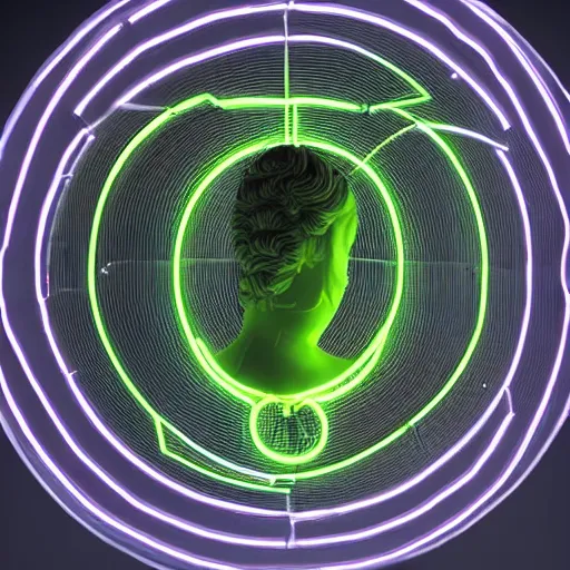 Image similar to a 3 d neon circle surrounding the head of a renaissance statue