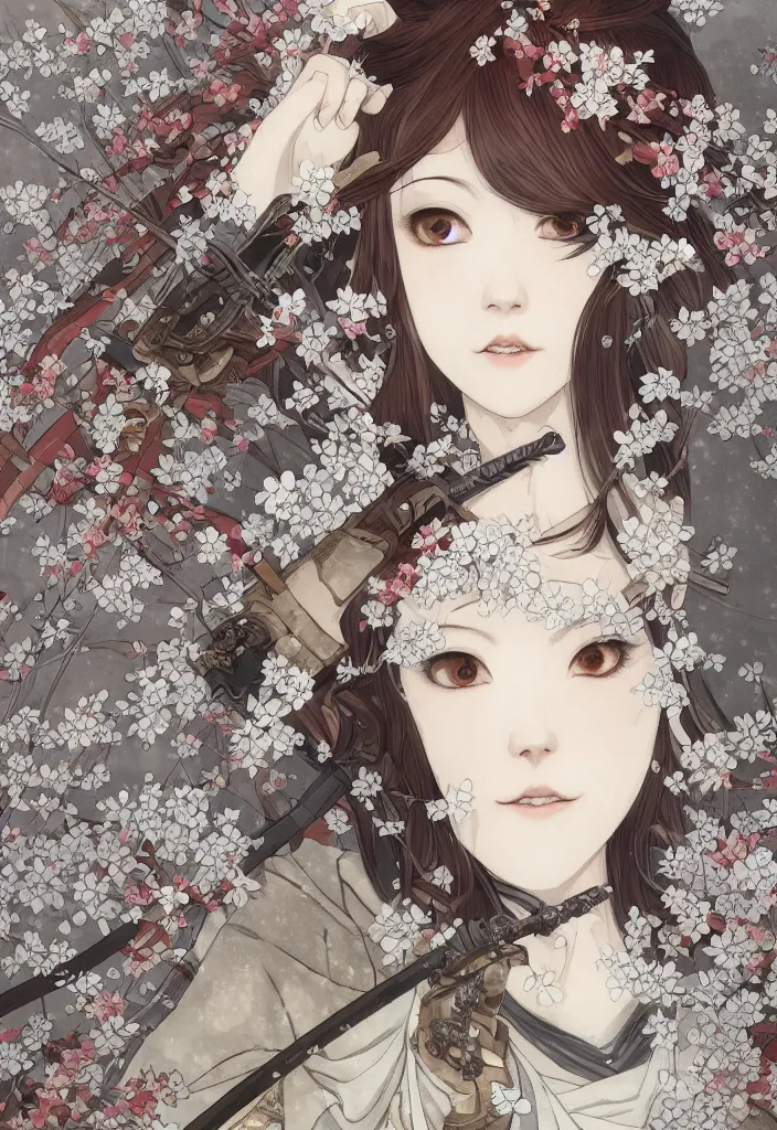 Image similar to detailed portrait of steampunk girl samurai with swords and steampunk rifles, in snow forest sakura cherry blossom, hakama kimono, trending on artstation elite, elegant, luxury, by krenz cushart, junji ito, takato yamamoto, perfect face, fine details, realistic shaded, fine - face, pretty face