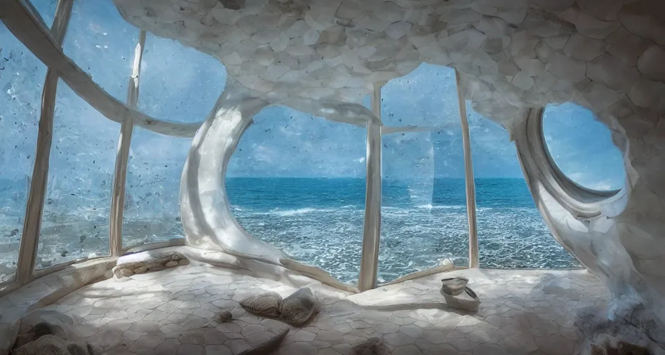 Image similar to nacre seashell house, atmospheric cinematography