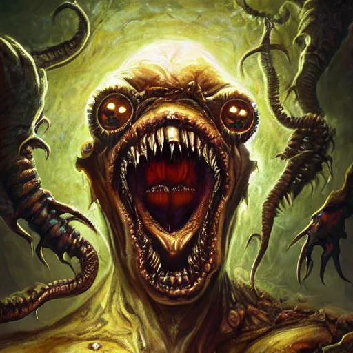 Prompt: eldritch abomination, gnashing teeth, multiple mouths, multiple eyes, oil painting, cinematic, intricate complexity, rule of thirds, in the style of Adam Paquette, Svetlin Velinov, Daarken, Artgerm, Keith Thompson, and Eric Deschamps, face by Artgerm and WLOP, magic the gathering art, character concept