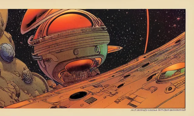 Prompt: spaceship, orbit of mars, michael kaluta