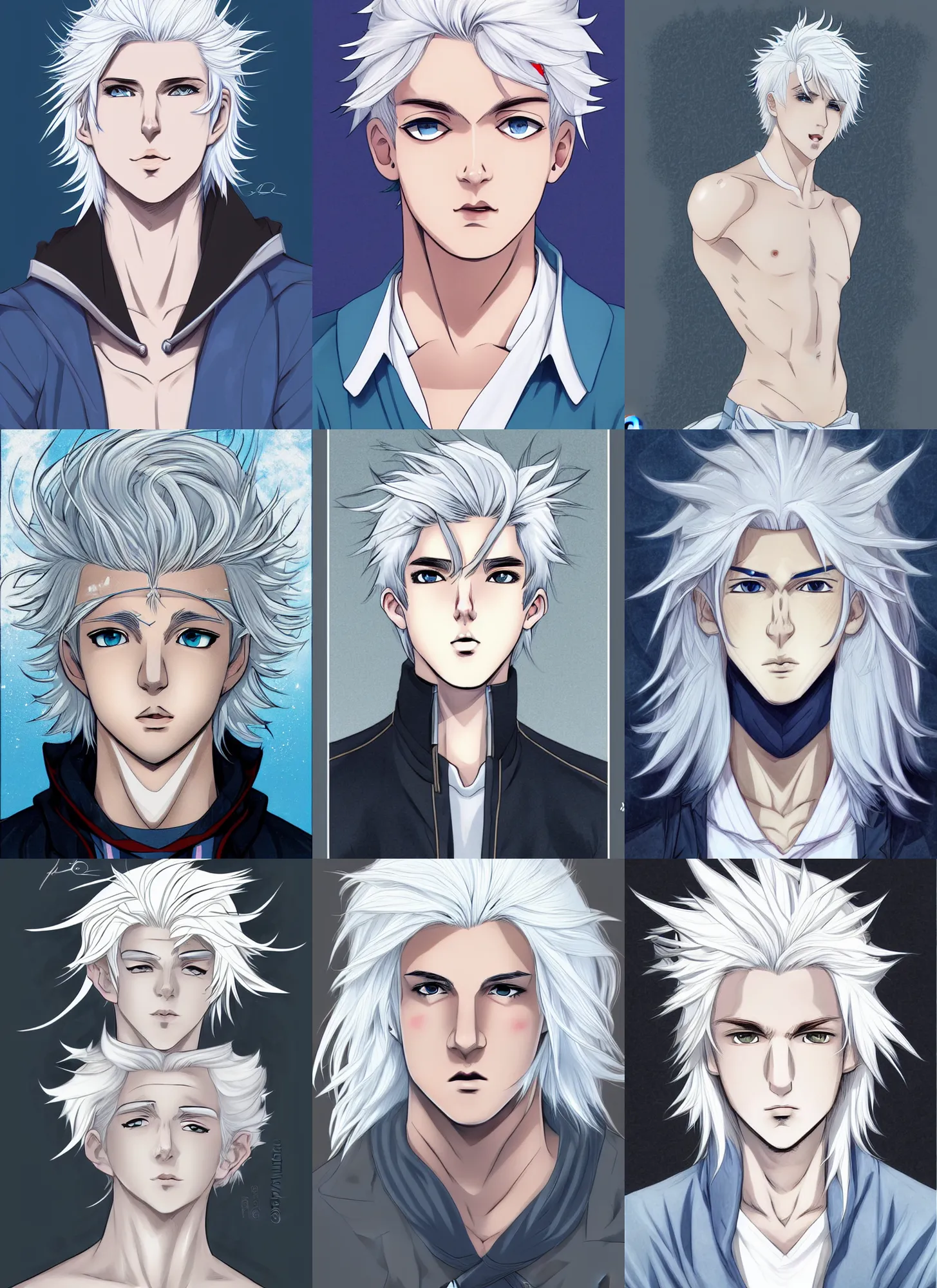 Prompt: young teen bishonen male white haired prince! scrawny white haired merman! pierre joubert, french comic art, semi - realistic anime, portrait, beautiful face, symmetrical face, trending on pixiv, detailed, clean lines, sharp lines, crisp lines, award winning illustration, masterpiece, 4 k