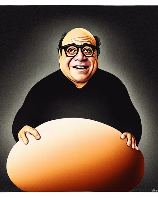 Image similar to painting portrait of danny devito as an egg, cartoon, warm lighting, danny devito has an egg body, movie poster, illustration by bartek fedyczak, erak note, tooth wu, neil richards, kan liu, siwoo kim, jisu choe, trending on art station