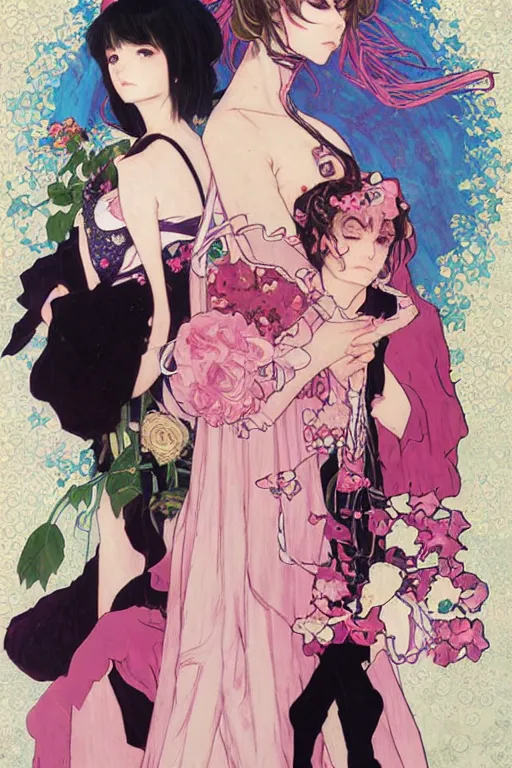 Prompt: professionally drawn shoujo mature horror mystery romance manga comic cover, beautifully drawn museum portrait coherent professional, drawn by ilya kuvshinov, gustav klimt, alphonse mucha and tsutomu nihei. text kanji hiragana on the cover. simplistic minimalist stylized cover art. pink & green & blue full color.