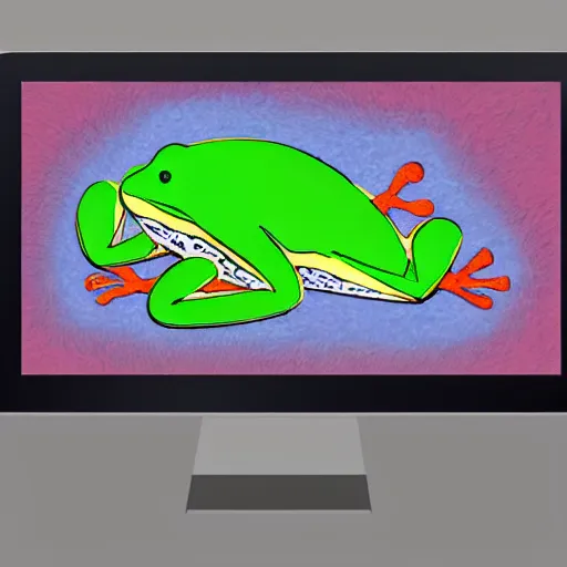 Image similar to abstract art of a frog sitting behind a computer