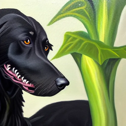 Image similar to oil painting of a black hound bearing its teeth next to brugmansia suaveolens flowers