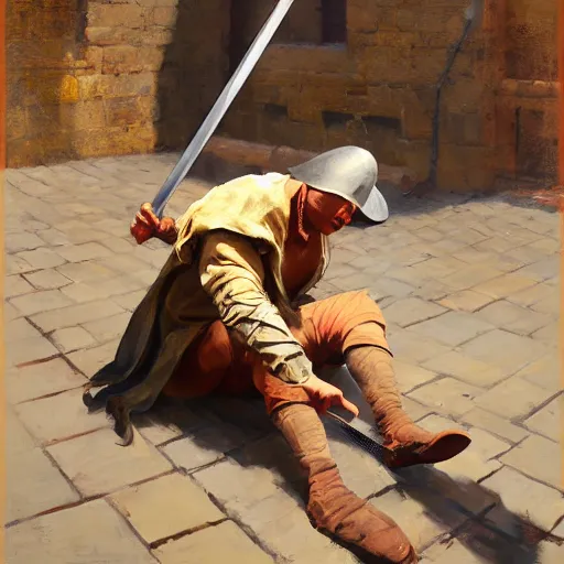 Image similar to greg manchess portrait of a man falling over a sword stuck between cobblestones, profile picture, organic painting, sunny day, matte painting, bold shapes, hard edges, street art, trending on artstation, by huang guangjian, gil elvgren, ruan jia, randy vargas, greg rutkowski