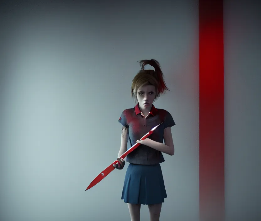 Image similar to school girl holding a knife and standing on an abandoned hospital room with red ceiling lighting and several blue lights on the walls, gloomy and foggy atmosphere, octane render, artstation trending, horror scene, highly detailded