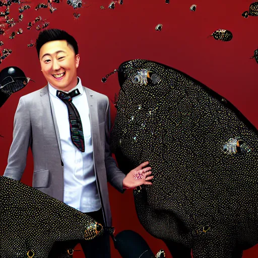 Prompt: Justin Sun attacked by crimson-black bees by Pixar