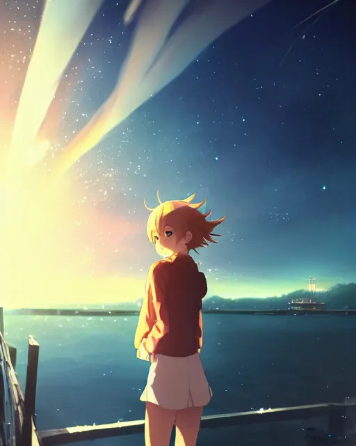 Image similar to a beautiful photo of a girl standing on a pier looming up at a supernova in the sky, beautiful compsition, epic photo, dramtic lighting, dim ， by makoto shinkai an krenz cushart