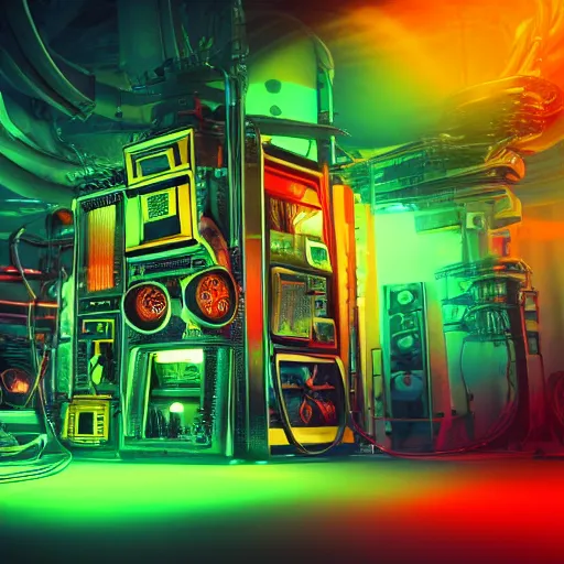 Image similar to album art, album is called tripmachine, tripmachine, photo of a huge futuristic steampunk machinery inside a computer, 8 k, fluorescent colors, halluzinogenic, multicolored, exaggerated detailed, front shot, 3 d render, octane