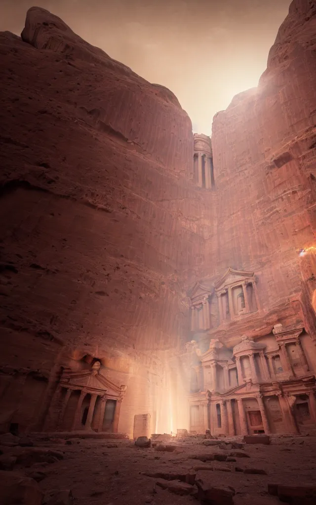 Prompt: A beautiful low angle matte painting looking up at the lost palace of petra with white flames illuminating the ruins of forgotten souls, atmospheric, low angle, mysterious, cinematic, intricate, ultra detailed, featured on artstation