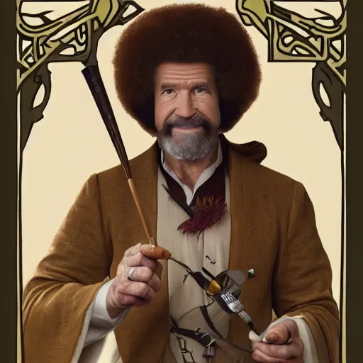 Prompt: an ultra detailed tarot card of bob ross smoking a pipe and dressed as a fantasy bard, d & d, epic fantasy, concept art by alphonse mucha and greg rutkowski, octane render, 8 k, detailed face