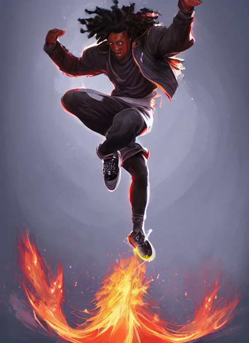 Image similar to a highly detailed illustration of young black guy with tall hair wearing tracksuit with flaming feet, heroic kicking pose, intricate, elegant, highly detailed, centered, digital painting, artstation, concept art, smooth, sharp focus, league of legends concept art, wlop