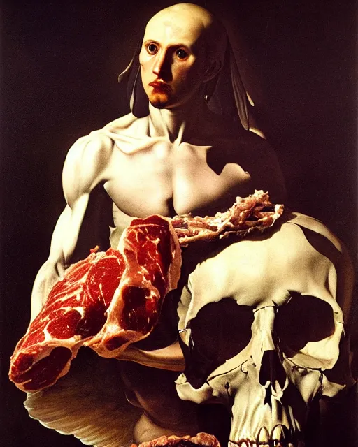 Image similar to an angel with a skull made of meat for the head by caravaggio, dramatic lighting, blood, god rays, angelical