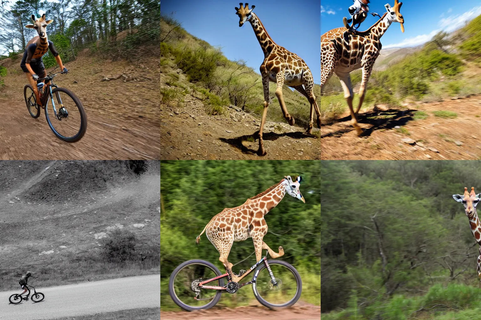 Prompt: action photo of a giraffe with old brown pilot goggles riding a mountain bike, fast towards the camera, motion blur, high detail, wide shot