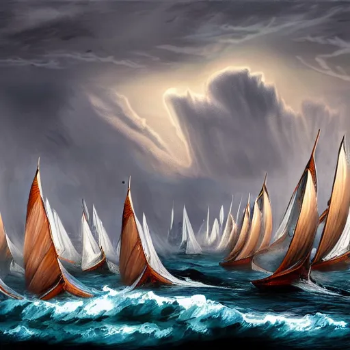 Prompt: a fleet of ancient trojan sailboats, amidst crashing waves and huge looming rocks, whirlpool, trireme, skiff, wooden sailboats, grim, lightning flashes, sky swirling with black wind, dark sky, dramatic, realistic, detailed, ancient, artstation, artgerm, digital painting