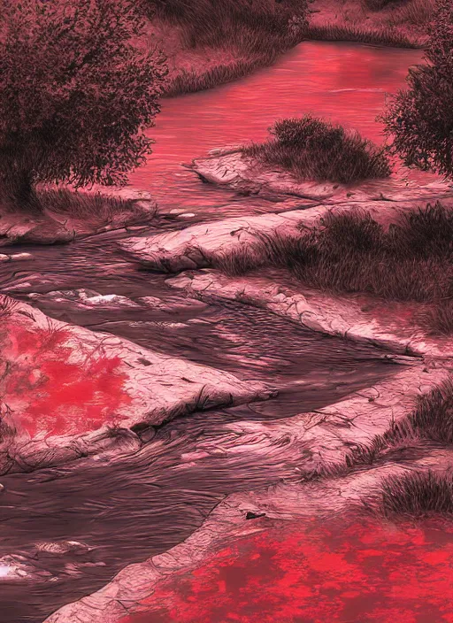 Image similar to dead river, red color, highly detailed, 8 k, artstation, beutifull, masterpiece