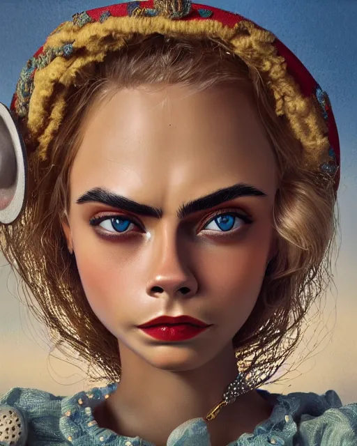 Prompt: closeup face profile portrait of cara delevingne as a tin toy flying saucer babe, bikini, depth of field, zeiss lens, detailed and intricate environment, fashion photoshoot by nicoletta ceccoli, mark ryden, lostfish, breathtaking, 8 k resolution, artistic, hyperrealistic, octane render